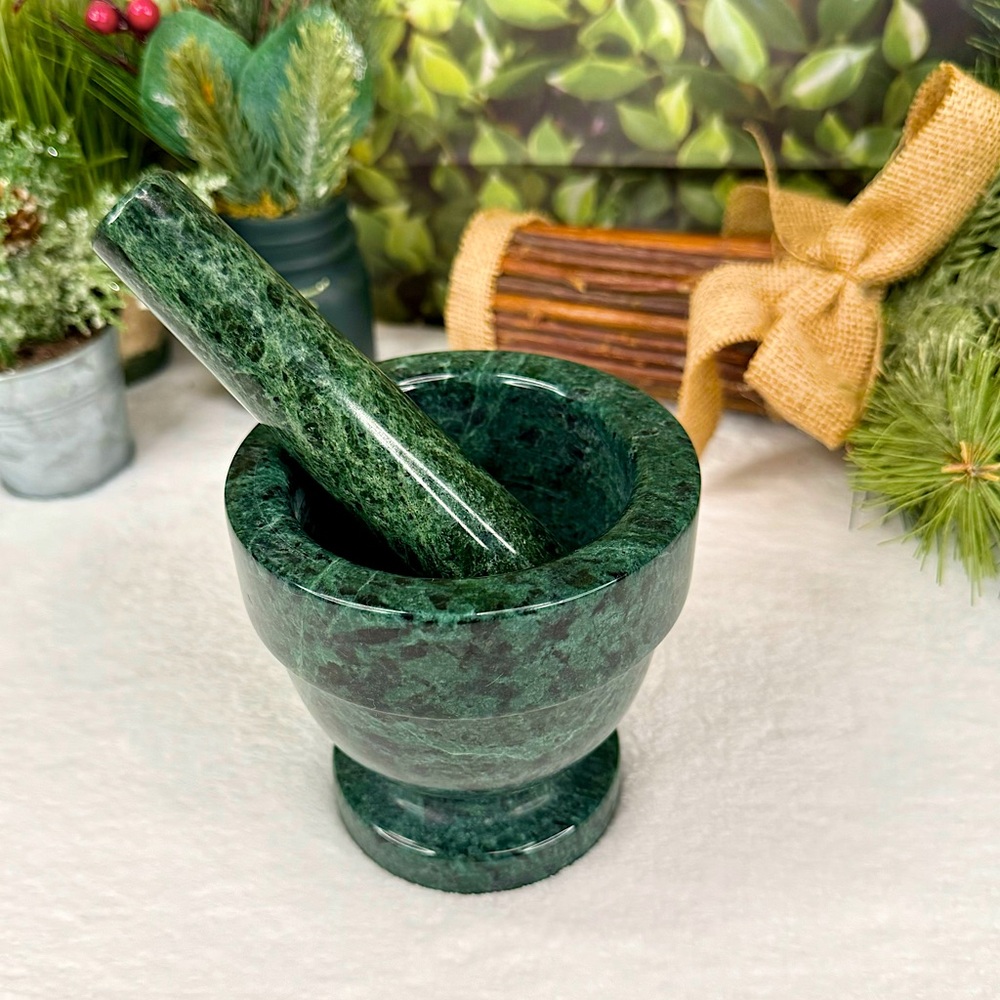 Green Italian Marble Mortar & Pestle Set - Natural Stone for Herbal & Culinary
